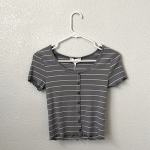 Small Pink Rose Dreamy sage stripe shirt with lettuce trim